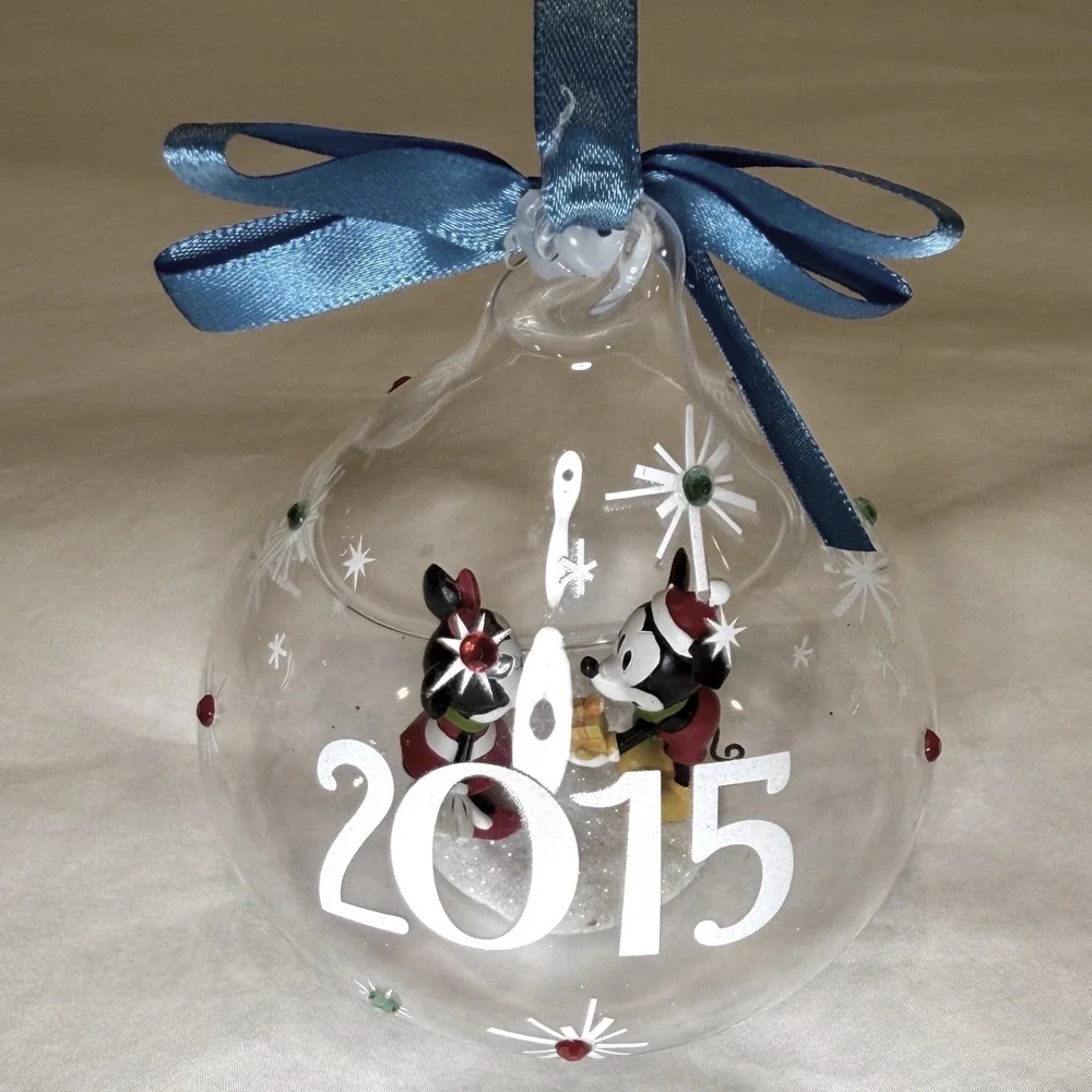 Disney‎ Parks Mickey Minnie Mouse 2015 Glass Bell Christmas Ornament Blue Ribbon